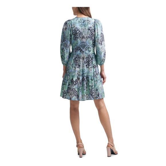 CALVIN KLEIN Womens Light Blue Tie Split Neck Skirt 3/4 Sleeve Short Dress 2 - Picture 2 of 4